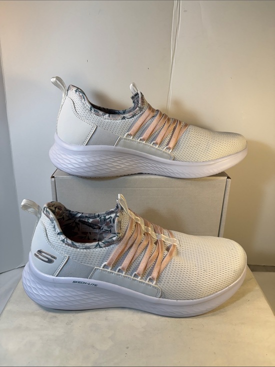 Skechers Shoes - Skechers White Knit Slip-On Sneakers with Peach Accents